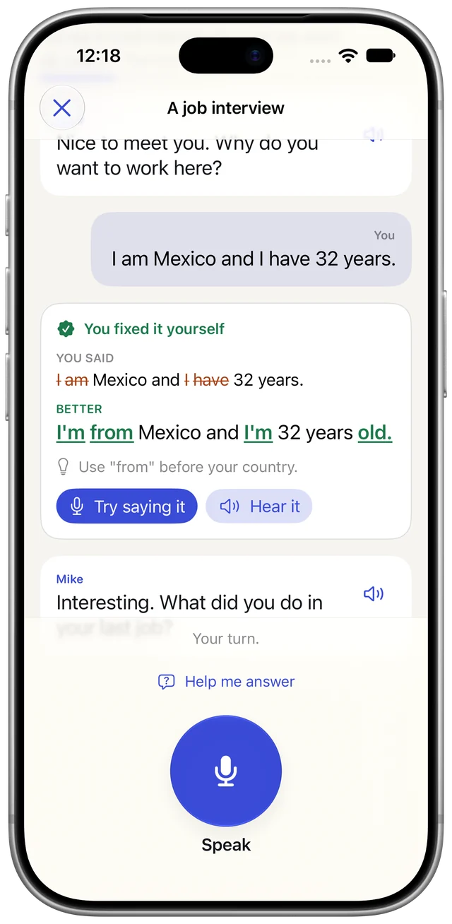 Boldly on iPhone during a job interview scene. The learner said “I am Mexico and I have 32 years.” The card shows the better way: “I’m from Mexico and I’m 32 years old.”