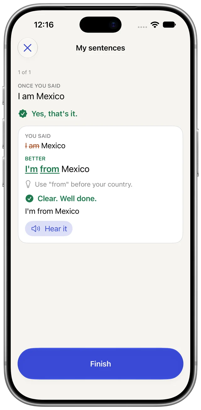 My sentences in Boldly: the learner says “I’m from Mexico” again, and Boldly says it was clear.