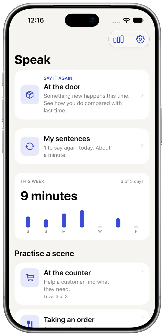 The Boldly home screen: a scene to say again, My sentences, this week’s minutes, and work scenes to practise.