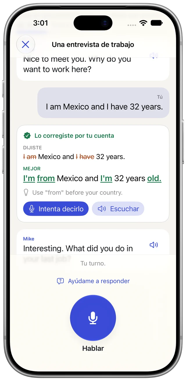Boldly en un iPhone durante una entrevista de trabajo. La persona dijo “I am Mexico and I have 32 years.” La tarjeta muestra una mejor forma: “I’m from Mexico and I’m 32 years old.”