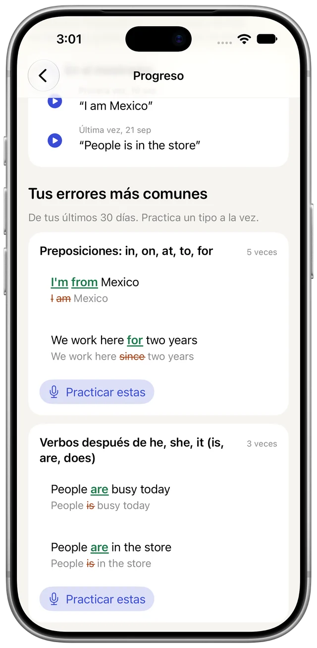 Tus errores más comunes en Boldly: palabras pequeñas como “from” y verbos después de he, she, it, cada uno con oraciones de ejemplo para practicar.