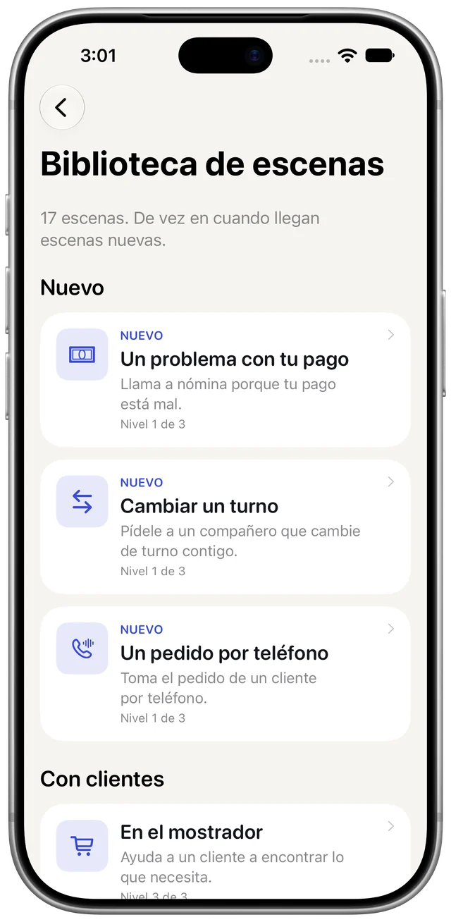 La biblioteca de escenas de Boldly, con escenas nuevas arriba y escenas de trabajo abajo.