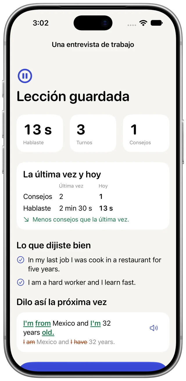 El resumen de una lección en Boldly: tiempo hablado, turnos y consejos, la última vez y hoy, lo que dijiste bien y la mejor forma de decir una oración la próxima vez.