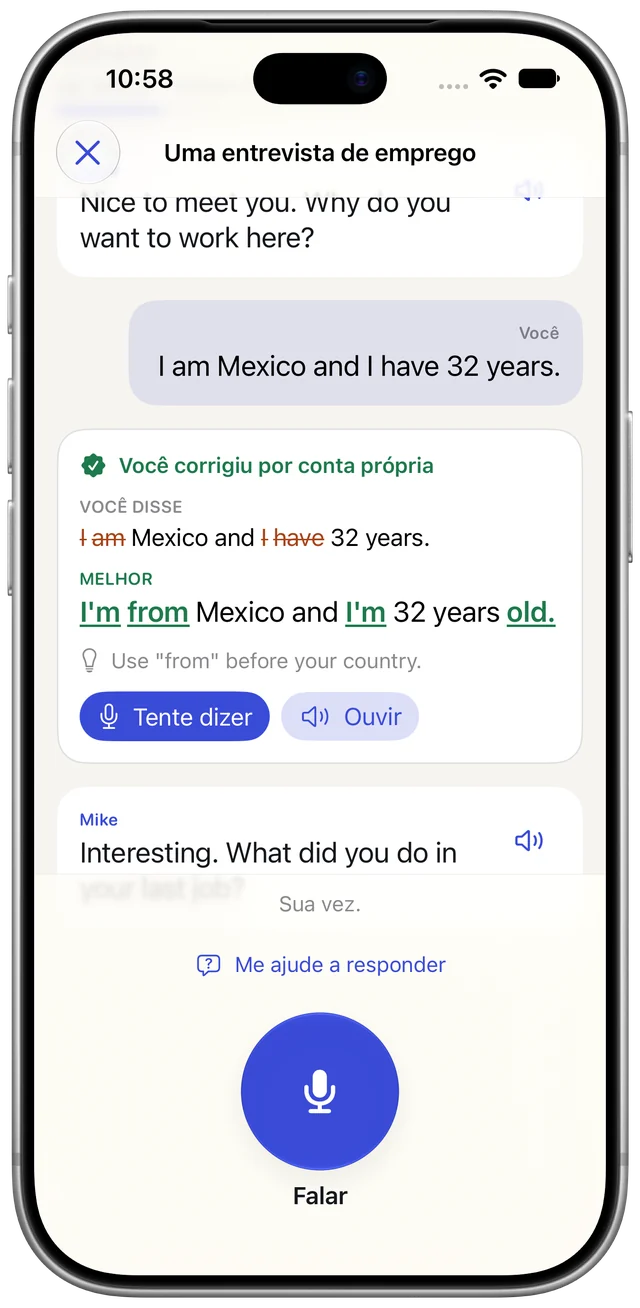 O Boldly em um iPhone durante uma entrevista de emprego. A pessoa disse “I am Mexico and I have 32 years.” O cartão mostra um jeito melhor: “I’m from Mexico and I’m 32 years old.”