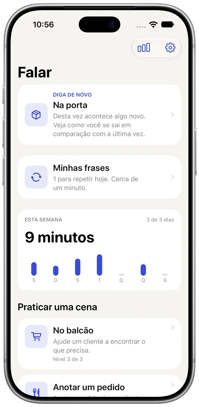 A tela inicial do Boldly: uma cena para repetir, Minhas frases, os minutos desta semana e cenas de trabalho para praticar.