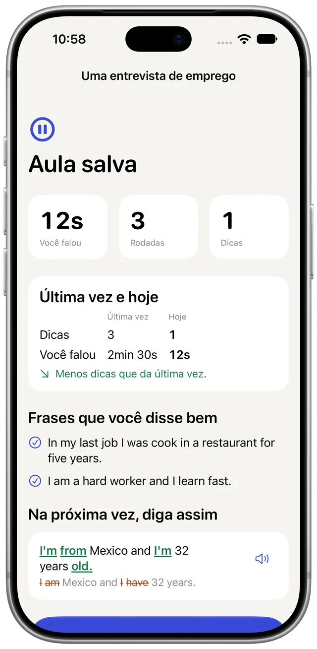 O resumo de uma aula no Boldly: tempo de fala, turnos e dicas, a última vez e hoje, as frases ditas bem e o jeito melhor de dizer uma frase na próxima vez.